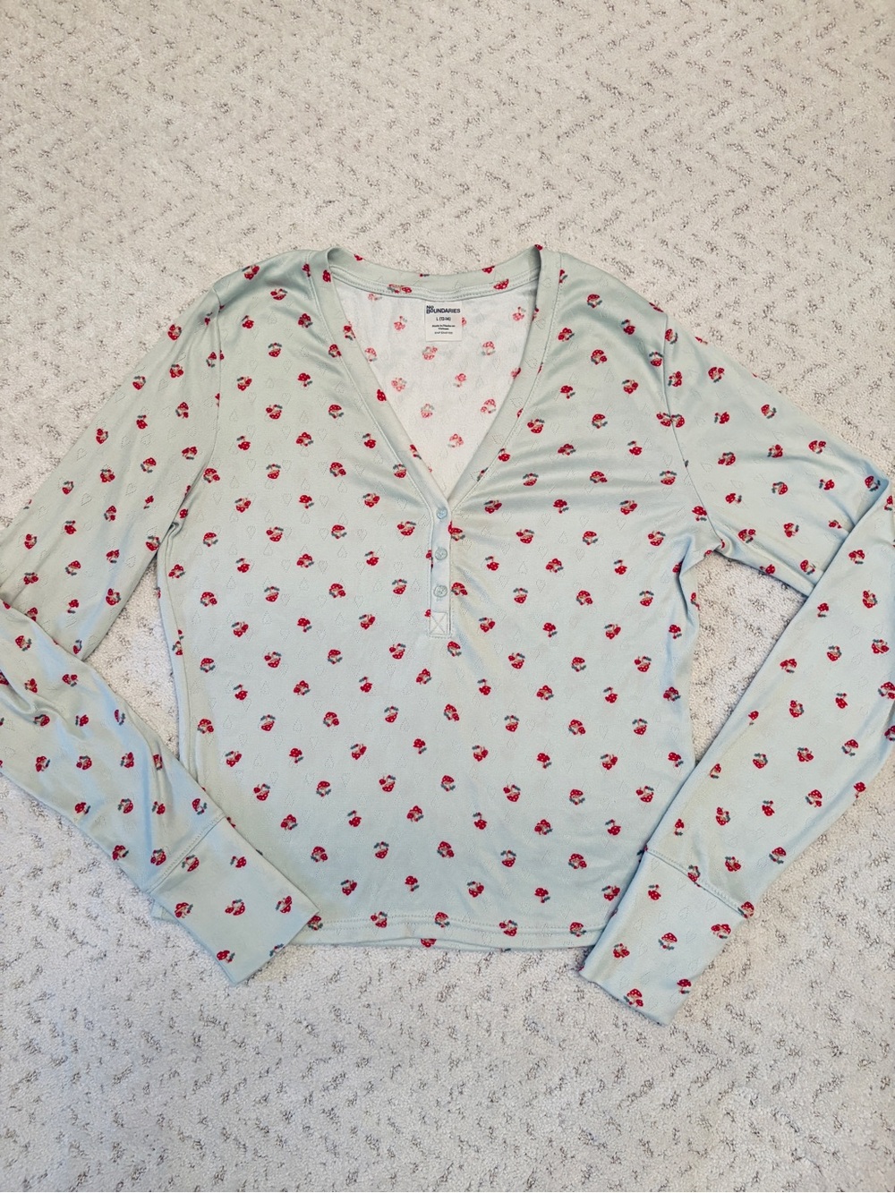 NoBo Mint Green Long Sleeve Henley Top Size L Mushrooms Lightweight V Neck